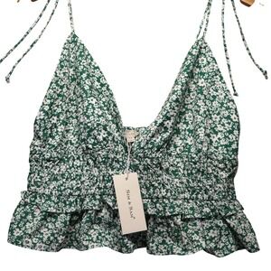 Sim & Sam Floral Ruffle Crop Top Green White Smocked Spaghetti Strap XL